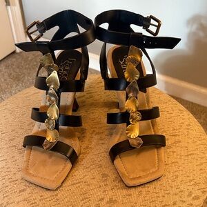 Franco Sarto Black Sandals with Gold Leaf Detail